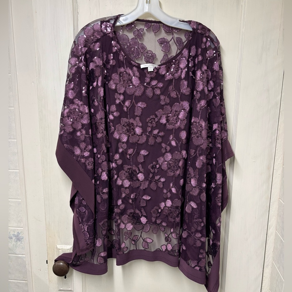 Oleg Cassini Burgundy Embroidered Floral Chiffon Top Sparkle Size 18W